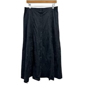 VTG BFA 14 A-Line Midi Skirt High Waist Button Front Faux Suede Black Modest